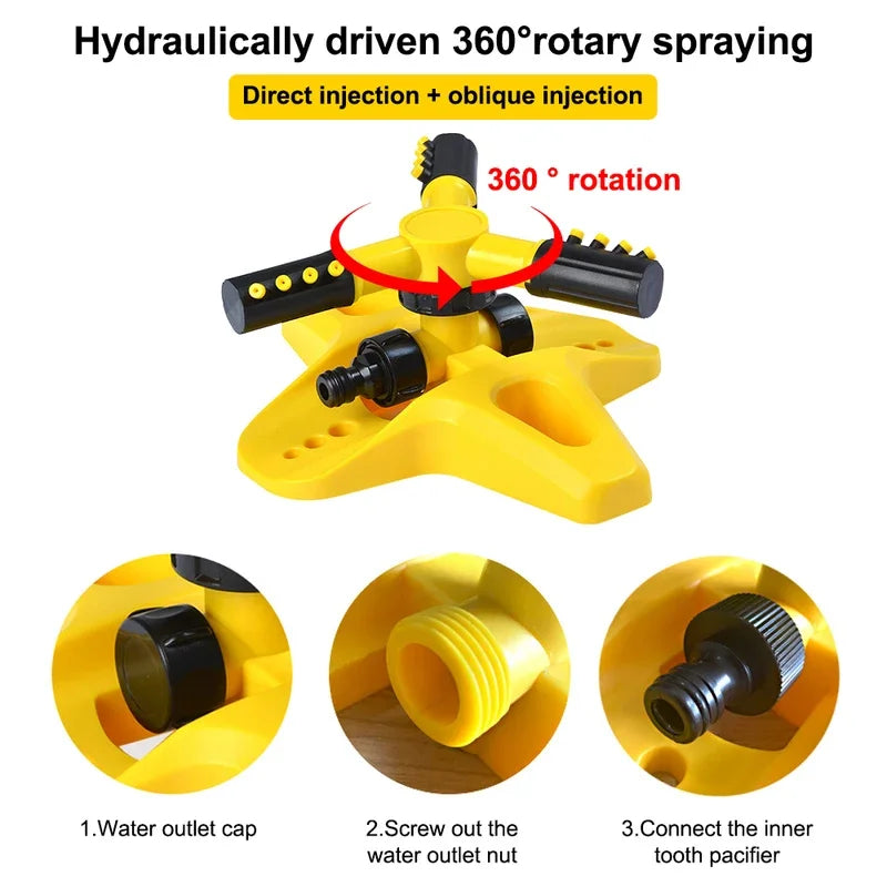 3-Arm Adjustable 360° Auto-Rotating Sprinkler System - Water-Saving Lawn Irrigation Garden Tool for Large Yards with Heavy Duty