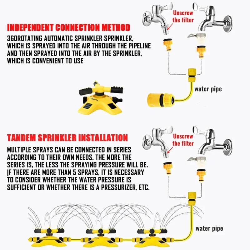 3-Arm Adjustable 360° Auto-Rotating Sprinkler System - Water-Saving Lawn Irrigation Garden Tool for Large Yards with Heavy Duty